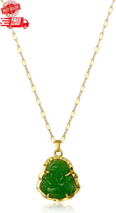 Authentic Gold Plated Laughing Buddha Pendant Necklace Green Jade Buddha Necklace Amulet J