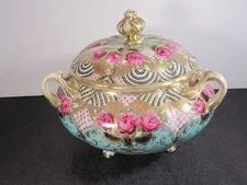 Large Antique Royal KINRAN Roses & Gold Decorated 3 Handled 3 Ftd Biscuit Jar Se