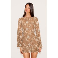 PrettyLittleThing Tan Textured Floral Long Sleeve Mini Dress