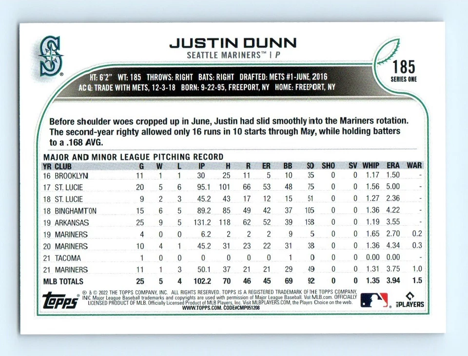 2022 Topps 1st Edition Justin Dunn Seattle Mariners #185 Gold - Image 2 of 2