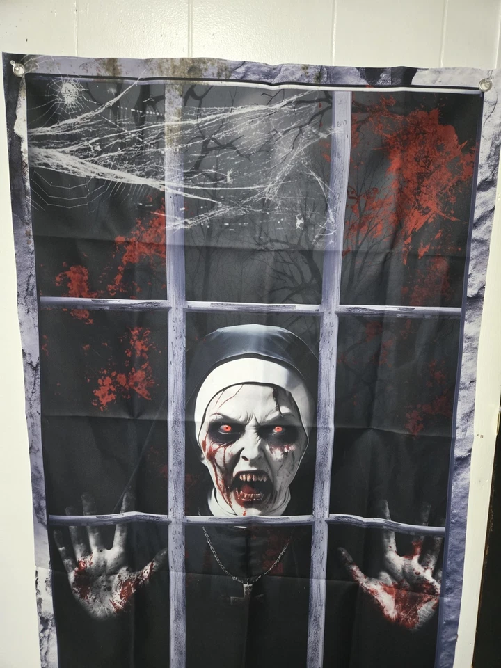 2 Curtain Decorations Halloween Window, Door, Wall Scary Male & Female Priest - Image 3 of 4