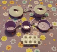 Vintage Barbie Set of Play Kitchen Pots, Pans Etc Purple and White