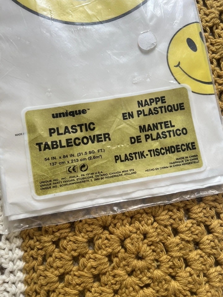 Vintage 80s 90s Smiley Face Table Cover Table Cloth New Sealed Party 54” x 84” - Image 3 of 4