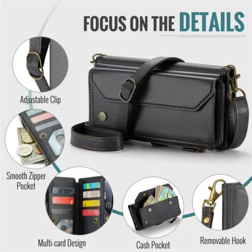For iPhone 16 15 14 13 12 Pro Max Plus Case Wallet Leather ZIP Bag Strap Cover - Picture 41 of 84