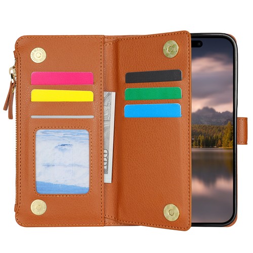 For iPhone 16 15 14 13 Pro Max XR X SE Leather Zip Wallet Strap Case Flip Cover - Picture 22 of 45