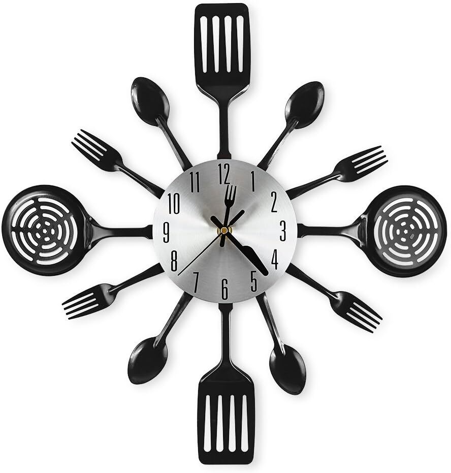 16 Inch Cutlery Kitchen Wall Clocks with Fork and Spoon Dial, Silent Black