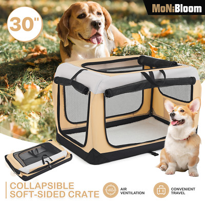30 Inch Collapsible Soft Dog Cat Crate Travel Cage Pad Beige Large Pet w/3 Doors