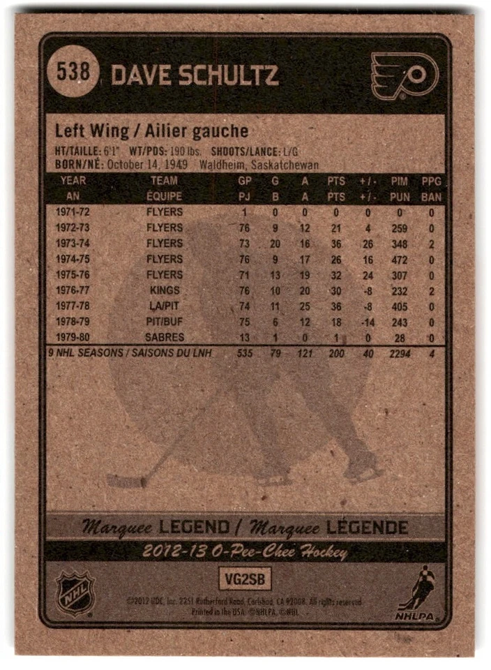 2012-13 O-Pee-Chee Legend Dave Schultz #538 Philadelphia Flyers - Image 2 of 2