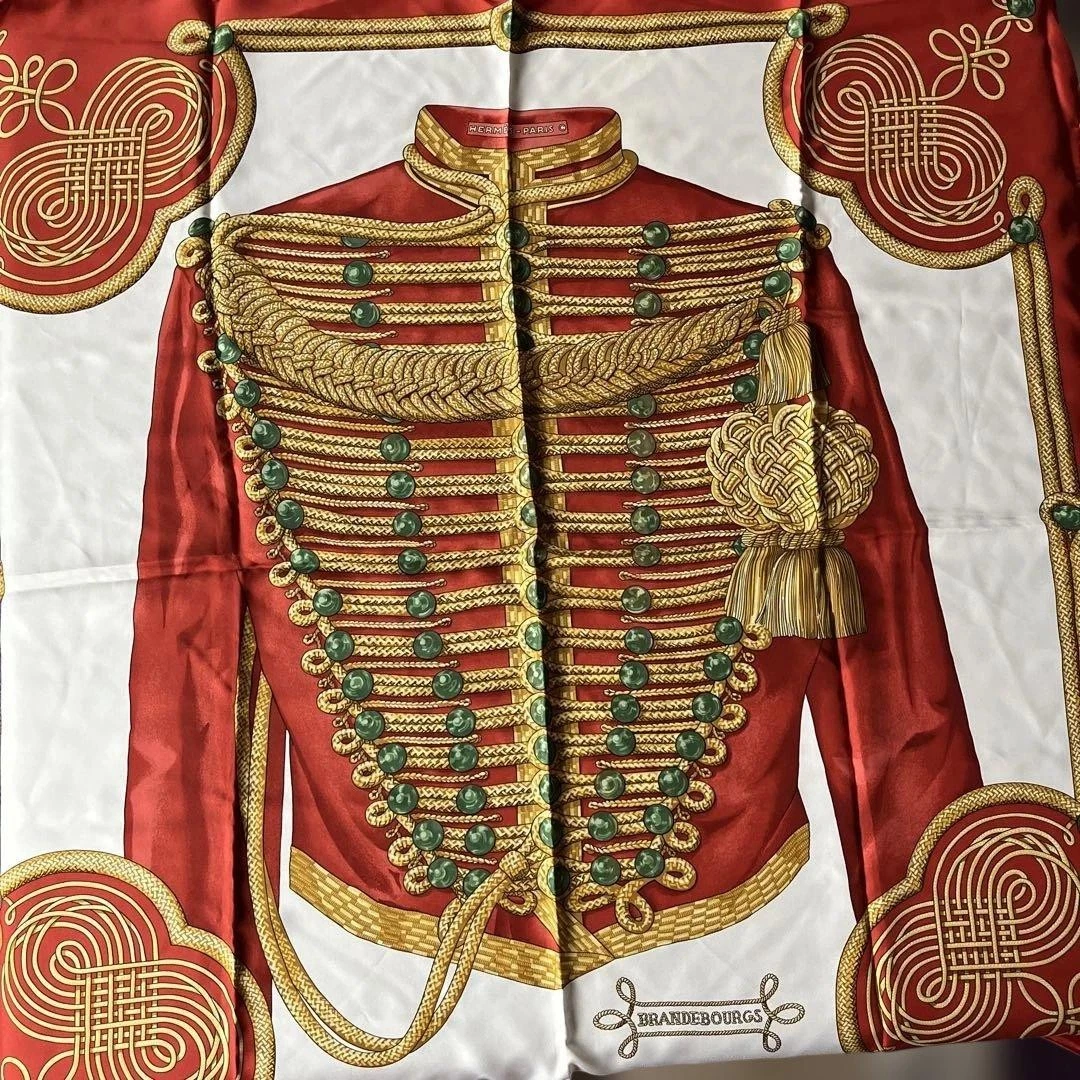 Hermes — HERMES Carre 90 Brandenburg Red Silk Scarf Military Motif France SR1567