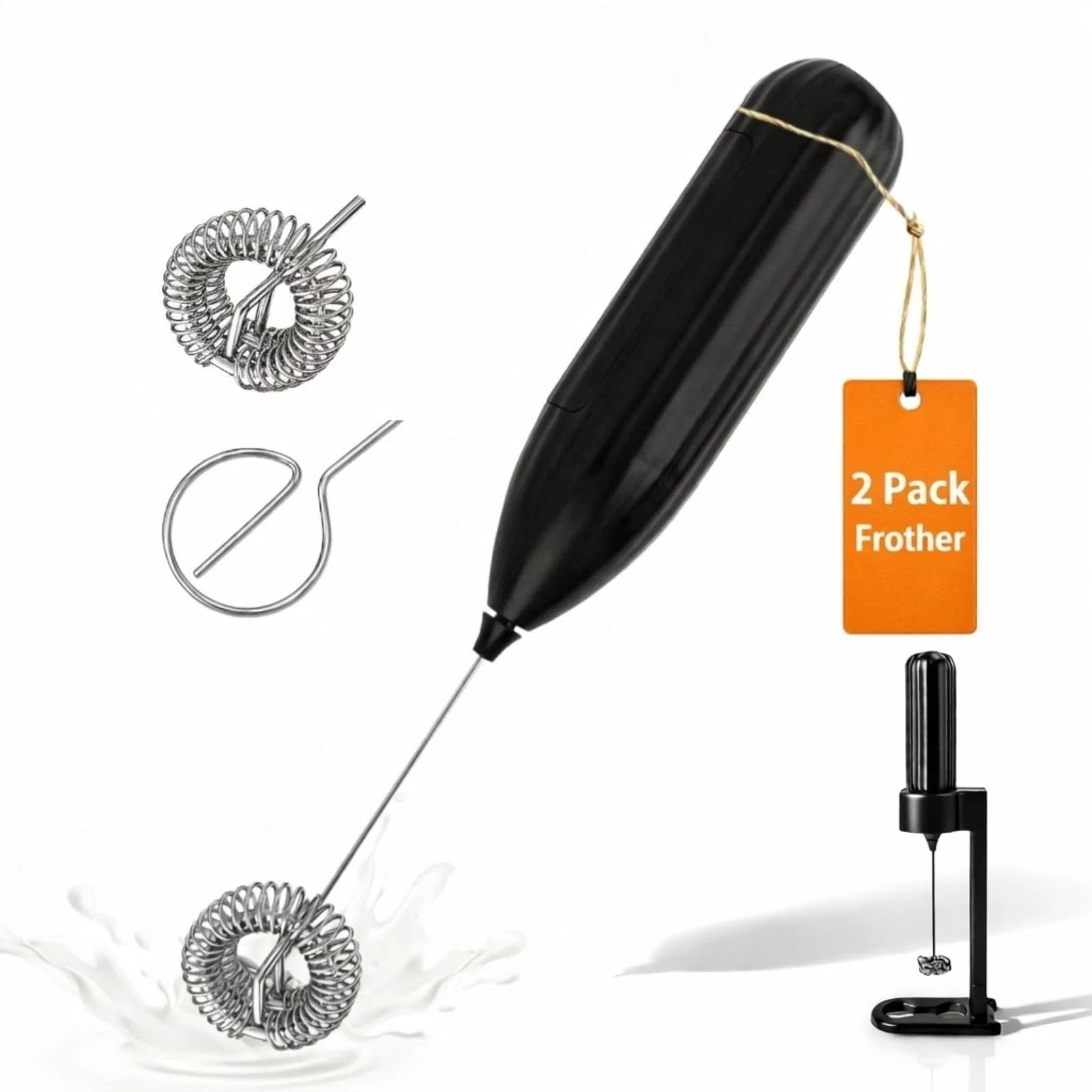 2-Pack Electric Coffee Frother with Stand, 2 Whisk Heads for Foaming & Mixing...