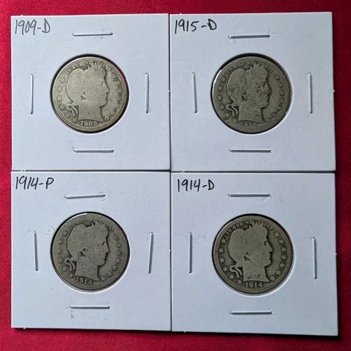 Barber Quarters, 1909-D, 1914-D, 1914-P, 1915-D ($1.00 face), 90% Silver Coins