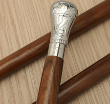 Antique Brass Engraved Head Handle Victorian Handcraft Wooden Walking Stick Cane