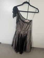 Topshop Black Mesh Sheer Embroidered Dotty Size 10 Bow Pleated Party Mini Dress