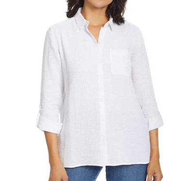 Anne Klein Womens Gauzy Button Up Shirt L White Long Roll Tab Sleeve Minimalist