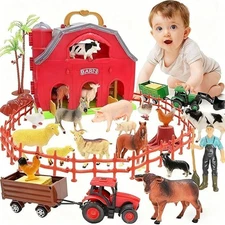 BOLZRA Farm Animals Big Red Barn Playset for Toddlers with Tractor & Fence