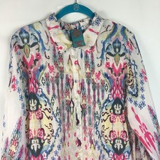 Johnny Was Size M Boyfriend Shirt Printed Silk Collared Button Down Eyelet Back