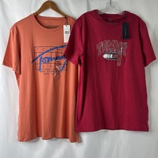 2 Tommy Jeans TShirt Men L Graphic Logo Crewneck Casual Tee Hilfiger Orange Red