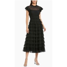 Mac Duggal Black Ruffle High Neck Cap Sleeve Midi Dress Size 6 NWT Cocktail