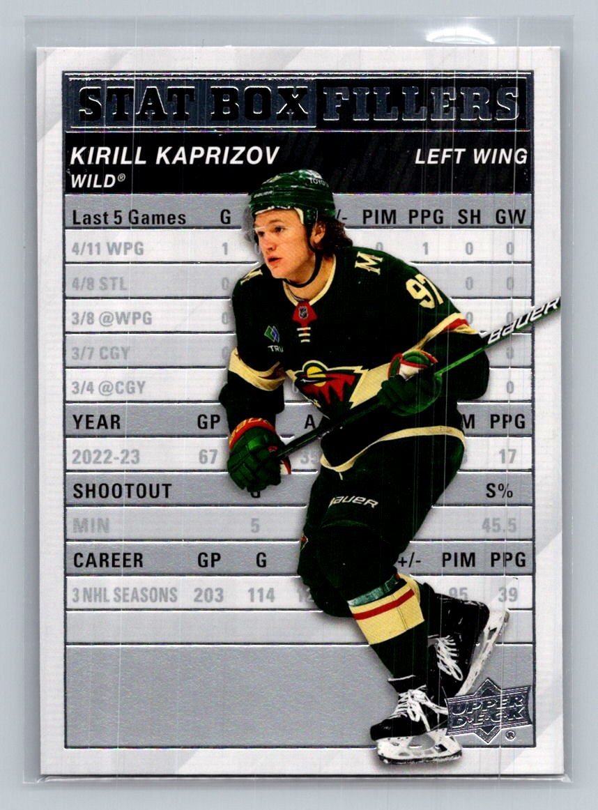 Kirill Kaprizov #SB-20 Hockey Cards 2023 Upper Deck Stat Box Fillers trading card — raw and PSA graded price guide
