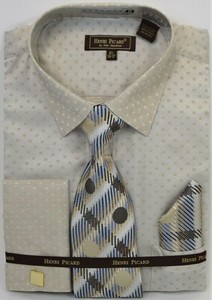 Men-039-s-Dress-Shirt-Tie-Hanky-Set-Beige-French-Cuff-With-Cuff-Links-Cotton-Blend