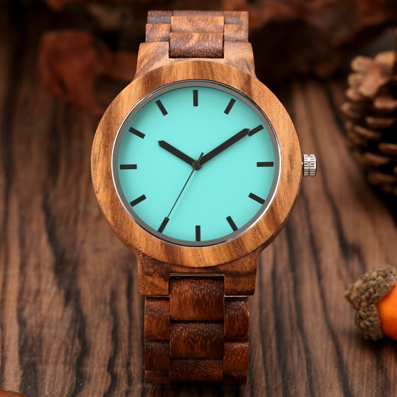 Men's Blue Dial Full Natural Wood Watches Handmade Wooden Band Quartz