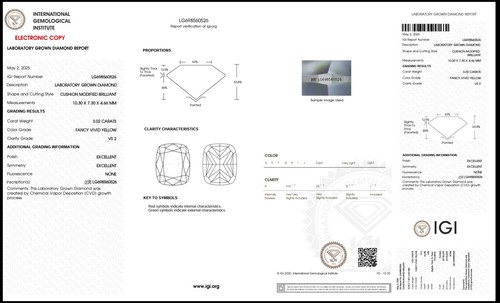 3.02 Cushion Modified Lab Grown Diamond For Ring IGI Fancy Vivid Yellow VS2 - Picture 4 of 9