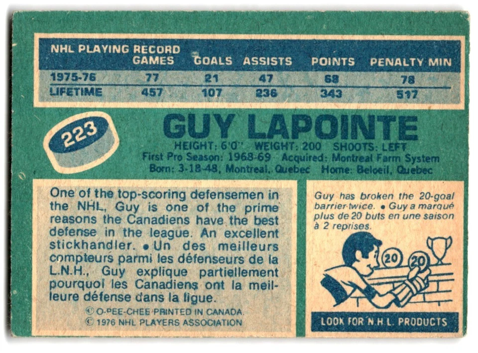 1976-77 O-Pee-Chee Guy Lapointe #223 Montreal Canadiens - Image 2 of 2