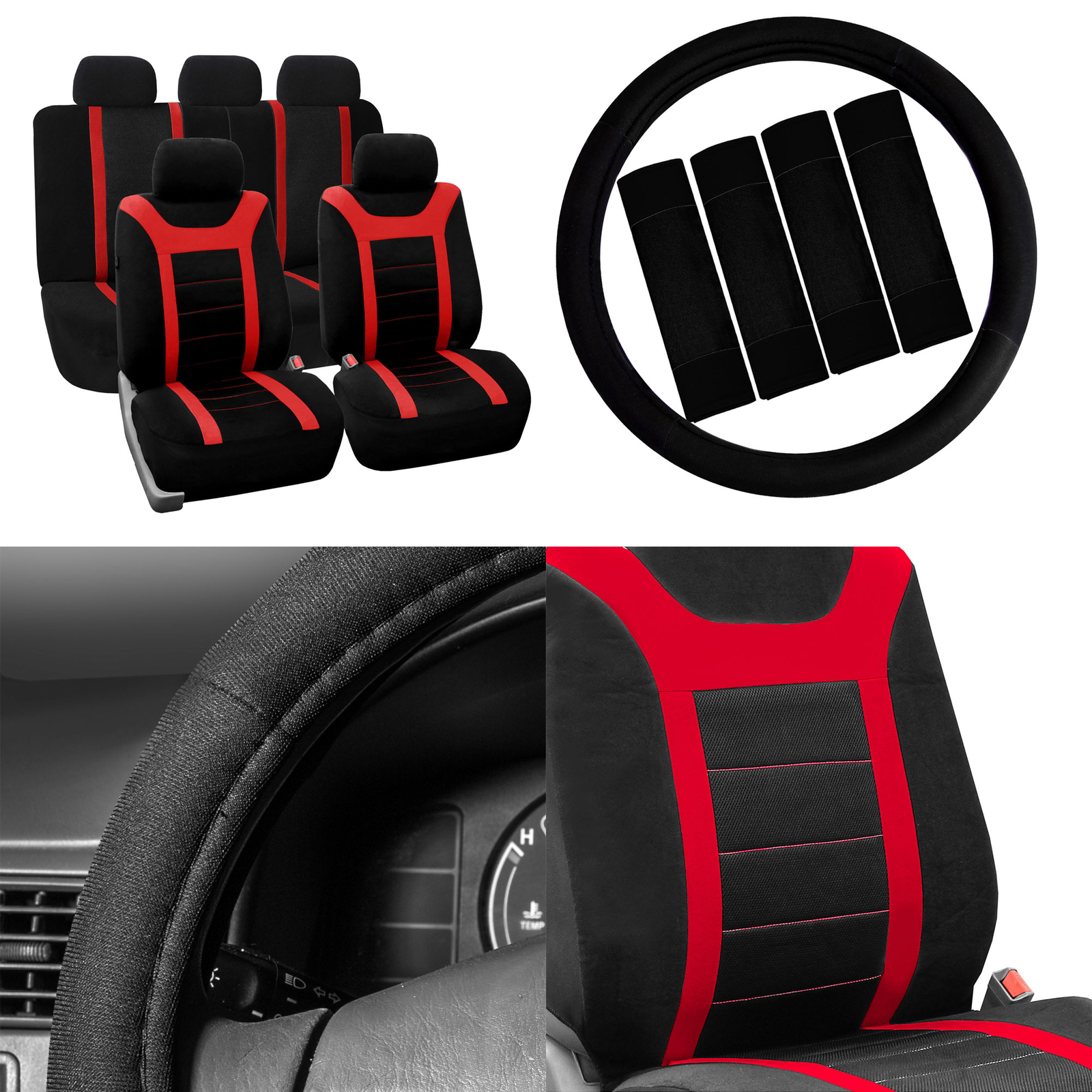 Car Seat Cover for Auto Full Set w/Steering Wheel Cover/Belt Pads/2heads Red