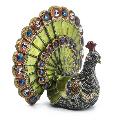 Silver Beaded Peacock Figurine 4.75'' Wide Resin New!