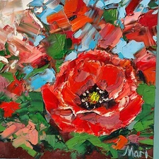 Red Poppy Painting – 8x8 Textured Impasto Art with Bold Strokes & Green Leaves