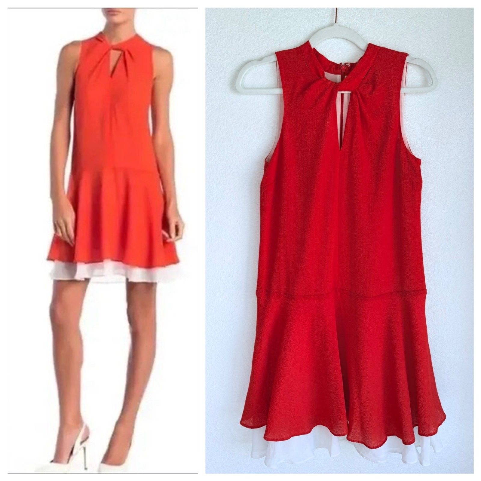Cynthia Steffe Estella Twist Neck Drop Waist Dress in Tomato Red & White