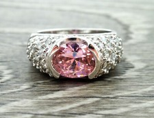 Sterling Silver Pink and Clear Glass Stone Cocktail Band Ring Size 5.75