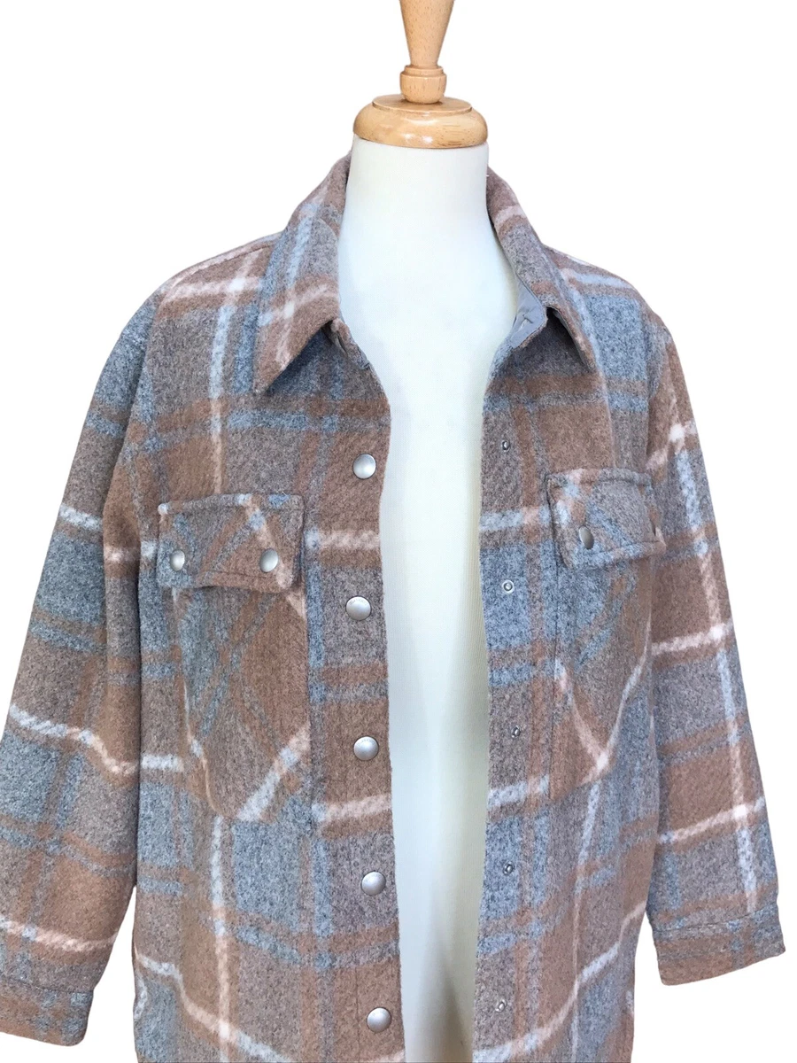 BLANK NYC Women’s Oversized Plaid Flannel CPO Style Shacket Wool-Blend, Sz Large