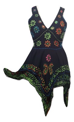 Summer Mini Dress Pixie Hem Holiday Festival Batik Hand Embroidered 12 14 16