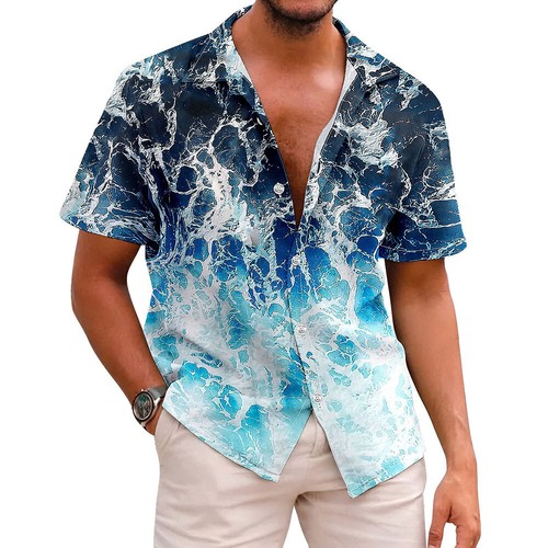 Mens Hawaiian Short Sleeve Summer Beach Dress Shirt Button Down Blouse Tops Tees - Picture 8 of 19