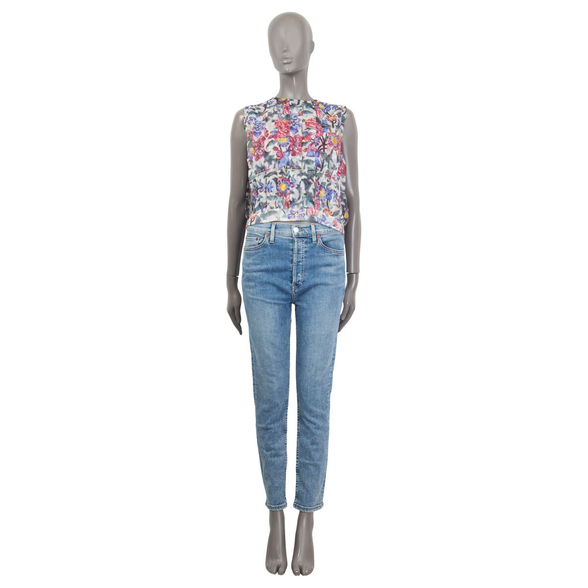 65344 auth CHANEL silk 2015 DUBAI FLORAL PLEATED Sleeveless Blouse