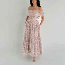Customized Sparkle Net Pleat Sequined A-line Off-the-shoulder Midi Dresses