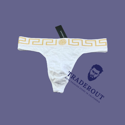 【送料&関税込】Versace Cotton Thongs NWT Versace First Line Logo Stretch Cotton Thong- Bluette