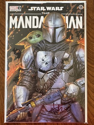 STAR WARS THE MANDALORIAN #1 BATTLE DAMAGE SDCC TYLER KIRKHAM SIGNED W/COA NEW