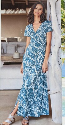 New Soft Surroundings Joanna Faux Wrap Jersey Maxi Dress Teal Cream Abstract