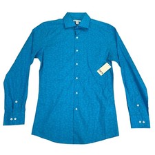 Bar III Mens Slim Fit Floral Stretch Long Sleeve Dress Shirt Blue S 14-14.5