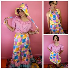 Size Small to XL Vintage 1970's 2 Piece Pastel Ruffle Maxi Skirt  Bonnet Apron