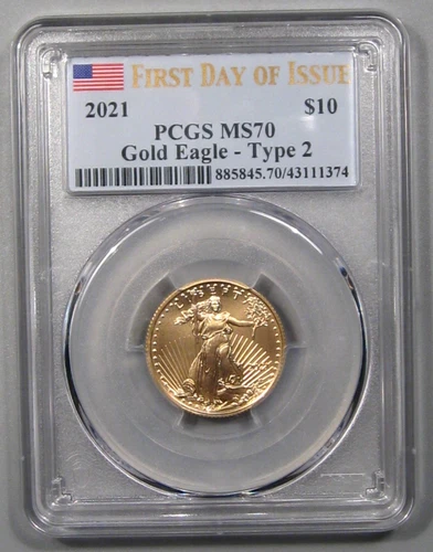 2021 t-2  $10 - 1/4 oz Gold American Eagle PCGS MS70 First Day Flag Label Coin