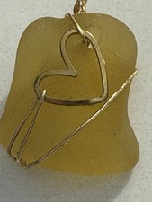 Yellow Sea Glass Pendant Handmade Gold Plated Wire Wrap 1  3/8   L 1/4 Cm W 