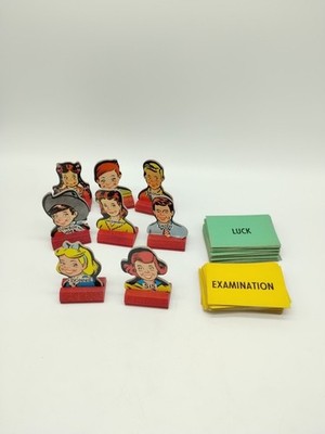 Vintage 1957 Go To The Head Of The Class Board Game Pieces With Luck/Exam Cards
