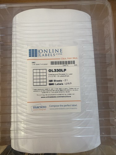 2” x 2" Rectangle Weatherproof Labels for Laser Printer 51 Sheets