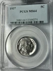 1937 PCGS MS64 Buffalo Nickel 5C Old Solid Blue Holder Faint Blue Toning
