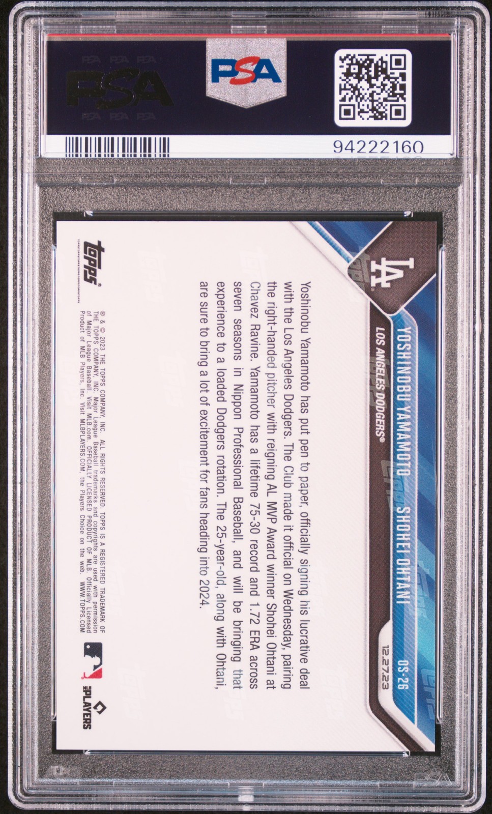 2023 TOPPS NOW OFFSEASON BLUE SHOHEI OHTANI/YOSHINOBU YAMAMOTO RC /49 PSA 10 view 2