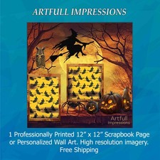 Halloween - Witch in Flight Personalized Scrapbook Pages or Seasonal Wall Art