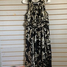 J. Taylor Sz 10 Sleeveless Black & Gold Dress Gathered Round Neck Tiered Hem EUC
